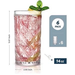 Diamond Pattern Drinking  Highball Glasses Set of 6 – 14 oz Embossed Clear